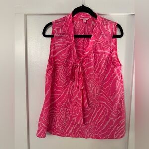 Lilly Pulitzer Hot Pink and White Flowy Feminine Tie-Neck Sleeveless Top. Size L